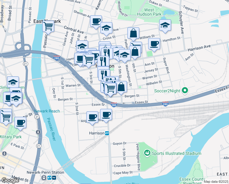 map of restaurants, bars, coffee shops, grocery stores, and more near 409 Warren Street in Harrison