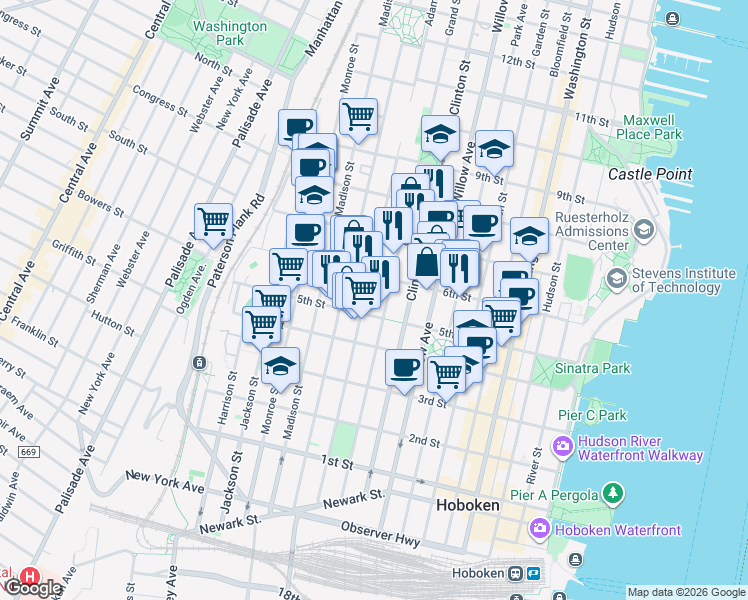 map of restaurants, bars, coffee shops, grocery stores, and more near 501 Adams Street in Hoboken