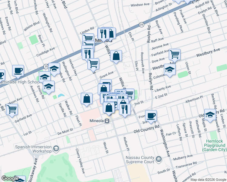 map of restaurants, bars, coffee shops, grocery stores, and more near 162 Cleveland Avenue in Mineola