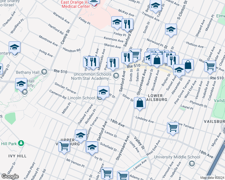 map of restaurants, bars, coffee shops, grocery stores, and more near 55 Hazelwood Avenue in Newark
