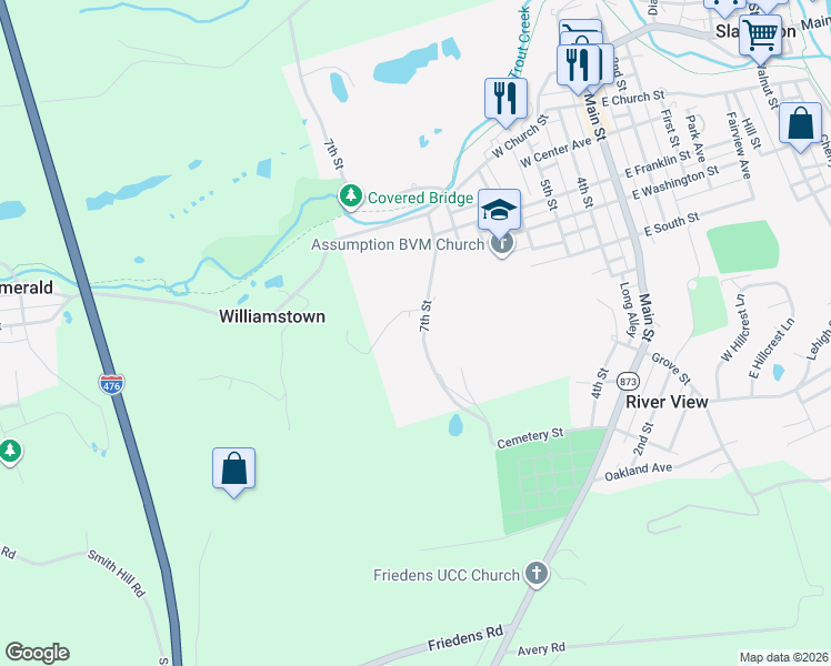 map of restaurants, bars, coffee shops, grocery stores, and more near 402 7th Street in Slatington
