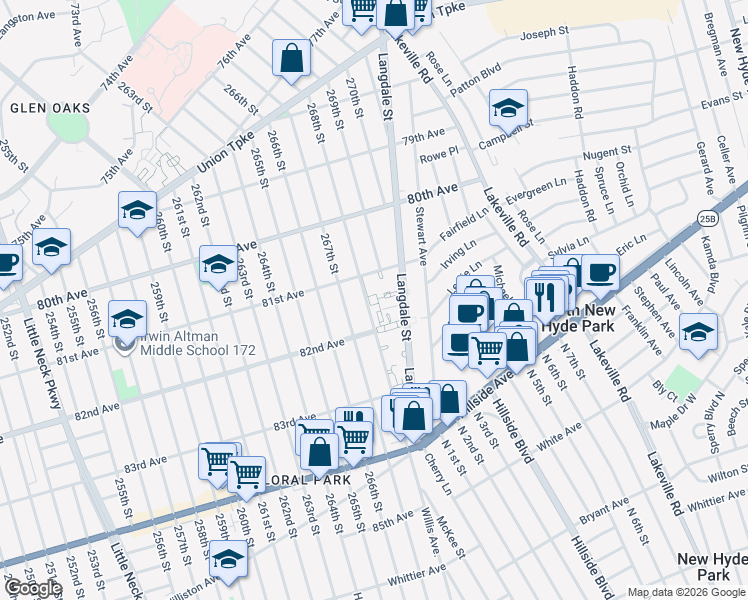 map of restaurants, bars, coffee shops, grocery stores, and more near 81-41 268th Street in Queens