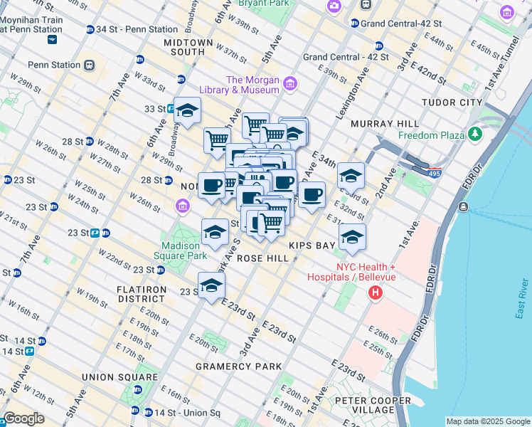 map of restaurants, bars, coffee shops, grocery stores, and more near in New York