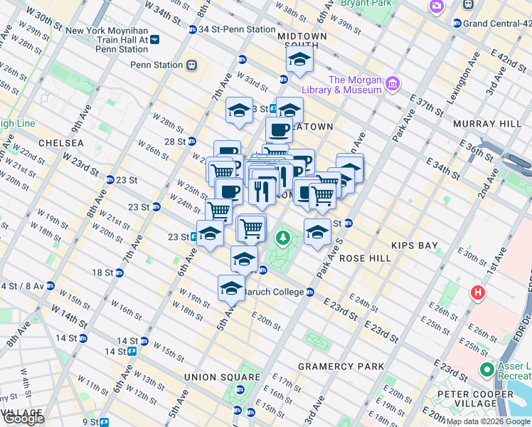 map of restaurants, bars, coffee shops, grocery stores, and more near Broadway & W 26th St in New York