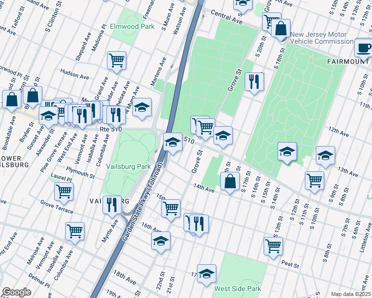 map of restaurants, bars, coffee shops, grocery stores, and more near 618 Route 510 in Newark