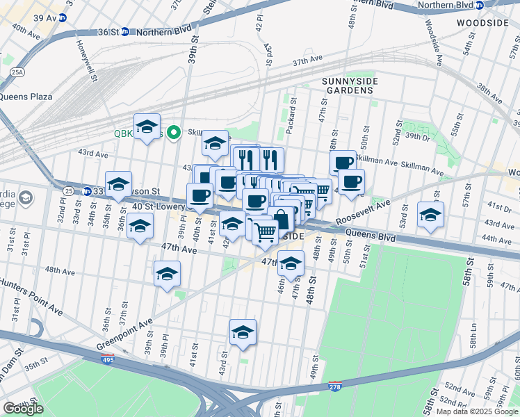 map of restaurants, bars, coffee shops, grocery stores, and more near in Queens