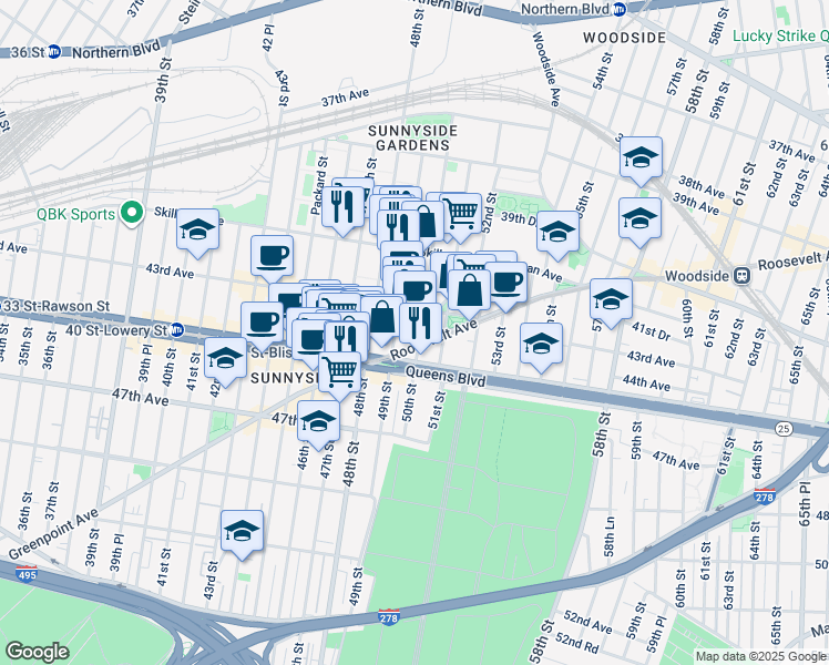 map of restaurants, bars, coffee shops, grocery stores, and more near 49-2 43rd Avenue in Queens