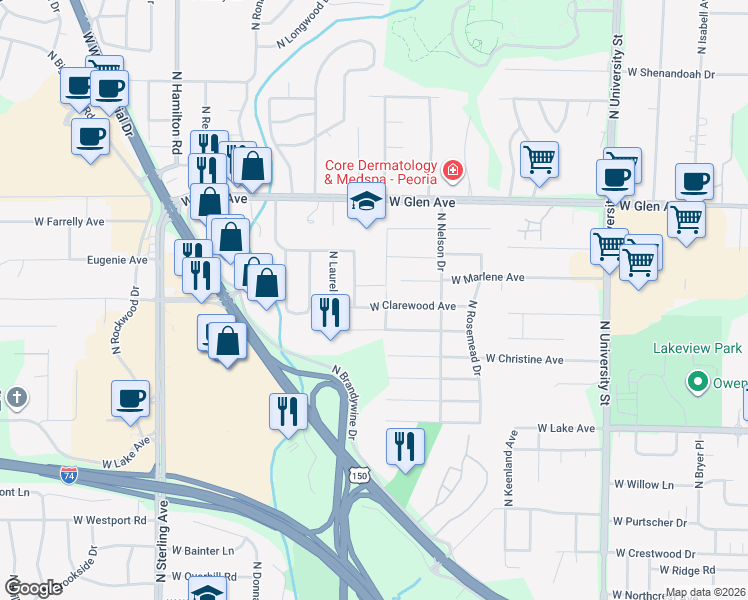map of restaurants, bars, coffee shops, grocery stores, and more near 1909 West Marlene Avenue in Peoria