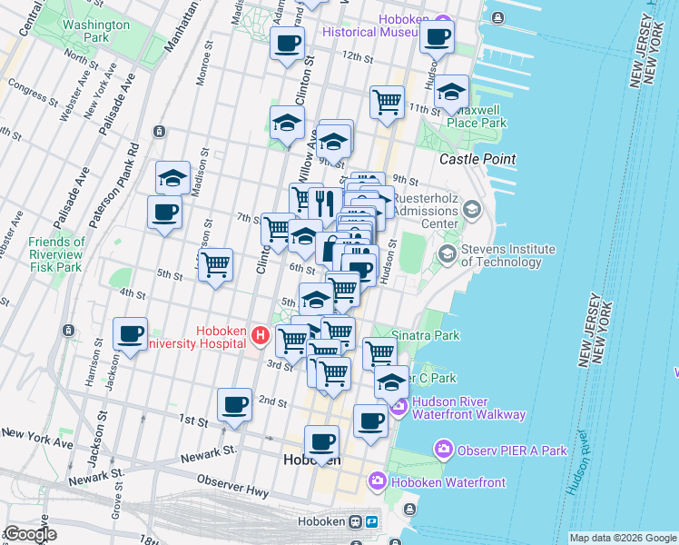 map of restaurants, bars, coffee shops, grocery stores, and more near 631 Bloomfield Street in Hoboken