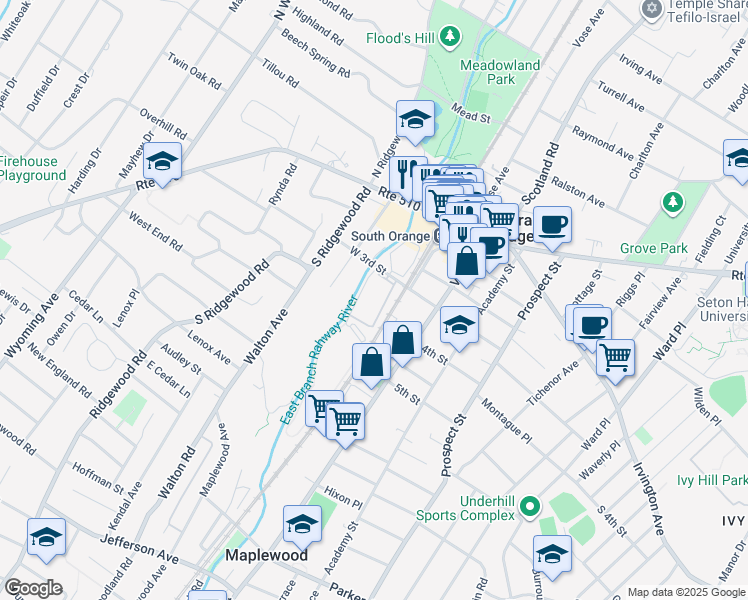 map of restaurants, bars, coffee shops, grocery stores, and more near 28 3rd Street in South Orange