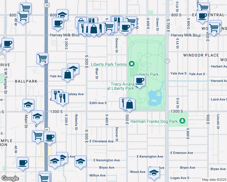map of restaurants, bars, coffee shops, grocery stores, and more near 1129 South 400 East in Salt Lake City