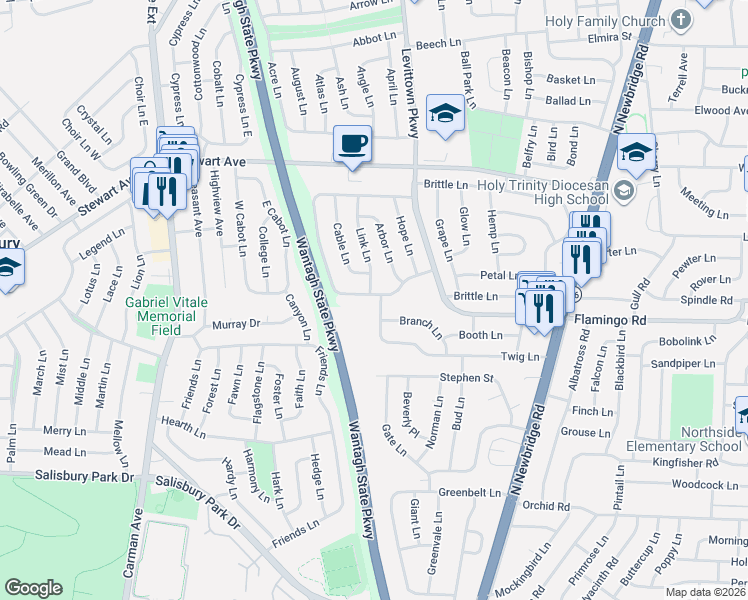 map of restaurants, bars, coffee shops, grocery stores, and more near 47 Link Lane in Hicksville
