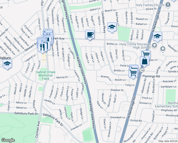 map of restaurants, bars, coffee shops, grocery stores, and more near 111 Rim Lane in Hicksville