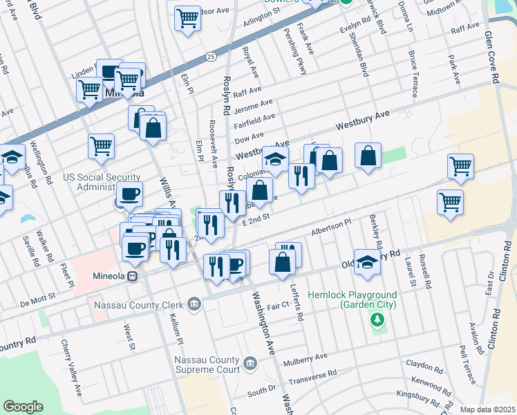 map of restaurants, bars, coffee shops, grocery stores, and more near 19 Plymouth Avenue in Mineola