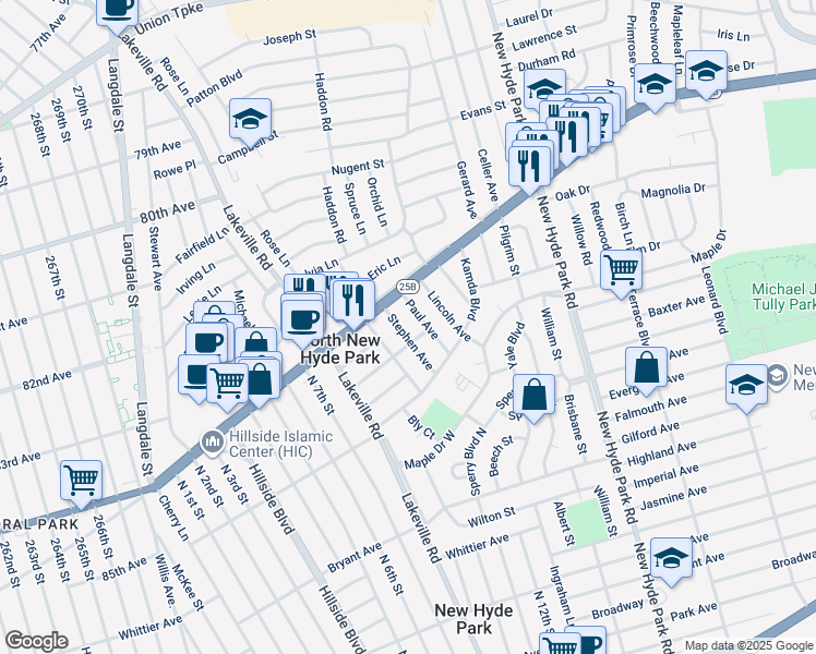 map of restaurants, bars, coffee shops, grocery stores, and more near 7 Paul Avenue in New Hyde Park