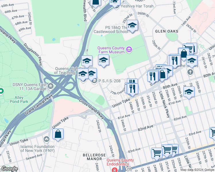 map of restaurants, bars, coffee shops, grocery stores, and more near 245-43 76th Avenue in Queens
