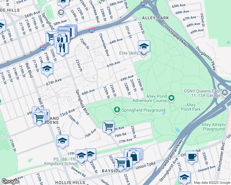 map of restaurants, bars, coffee shops, grocery stores, and more near 69-11 226th Street in Queens