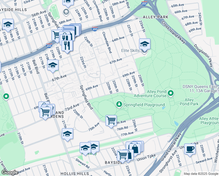 map of restaurants, bars, coffee shops, grocery stores, and more near 224-15 69th Avenue in Queens