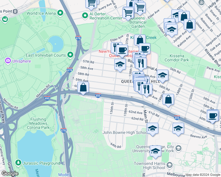 map of restaurants, bars, coffee shops, grocery stores, and more near 134-41 59th Avenue in Queens