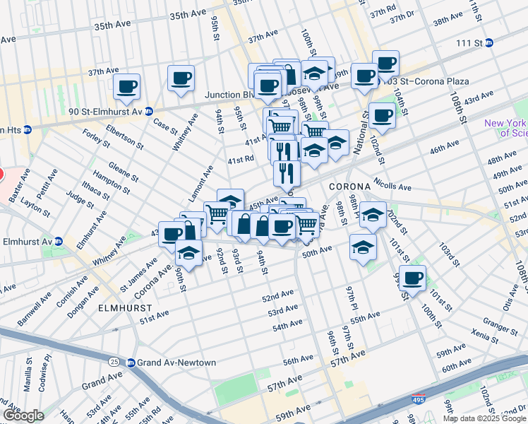 map of restaurants, bars, coffee shops, grocery stores, and more near 94-49 44th Avenue in Queens