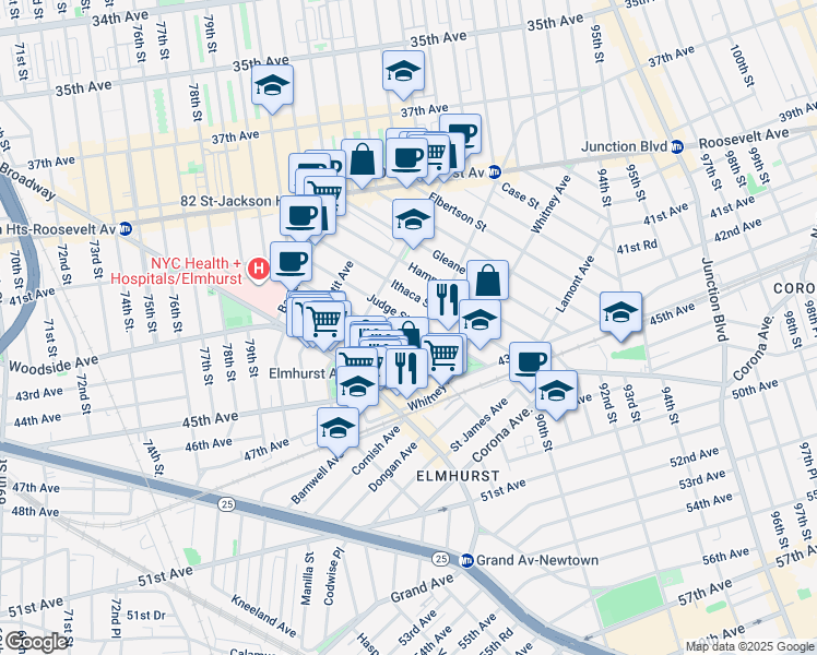 map of restaurants, bars, coffee shops, grocery stores, and more near 41-42 Ithaca Street in Queens