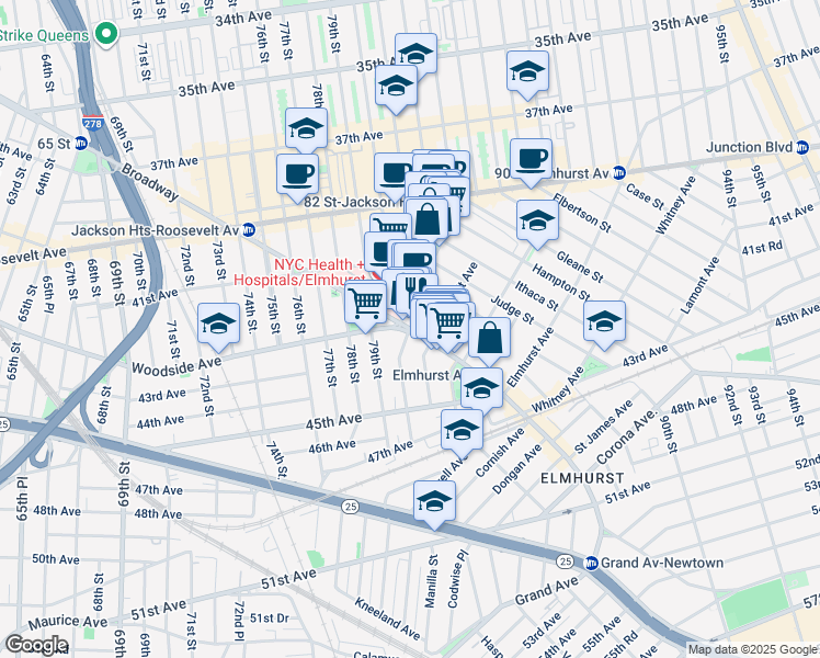 map of restaurants, bars, coffee shops, grocery stores, and more near 42-15 Layton Street in Queens