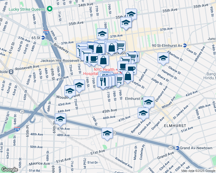 map of restaurants, bars, coffee shops, grocery stores, and more near 41-34 77th Street in Queens