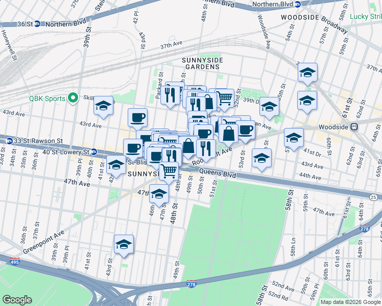 map of restaurants, bars, coffee shops, grocery stores, and more near 49-2 43rd Avenue in Queens