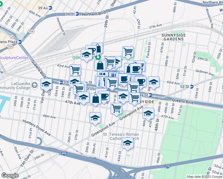 map of restaurants, bars, coffee shops, grocery stores, and more near  in Queens