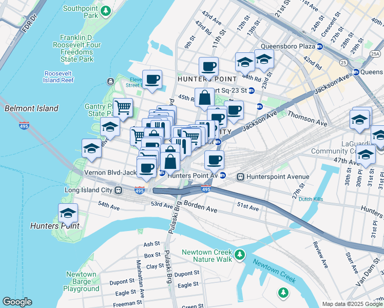 map of restaurants, bars, coffee shops, grocery stores, and more near 10-49 47th Road in Queens