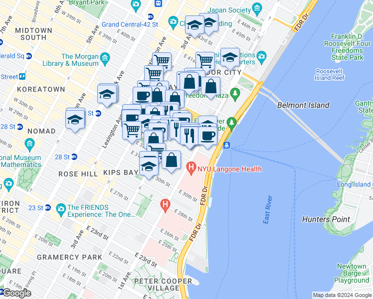 map of restaurants, bars, coffee shops, grocery stores, and more near in New York
