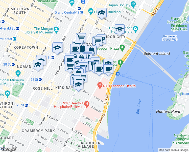 map of restaurants, bars, coffee shops, grocery stores, and more near 604 2nd Avenue in New York