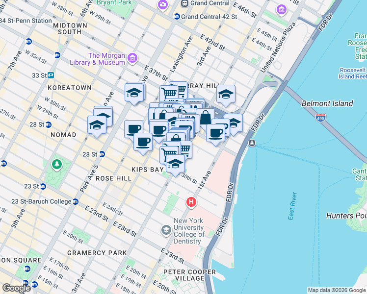 map of restaurants, bars, coffee shops, grocery stores, and more near 239 East 33rd Street in New York