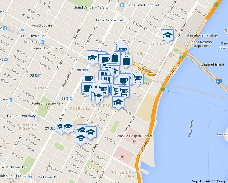 map of restaurants, bars, coffee shops, grocery stores, and more near in New York