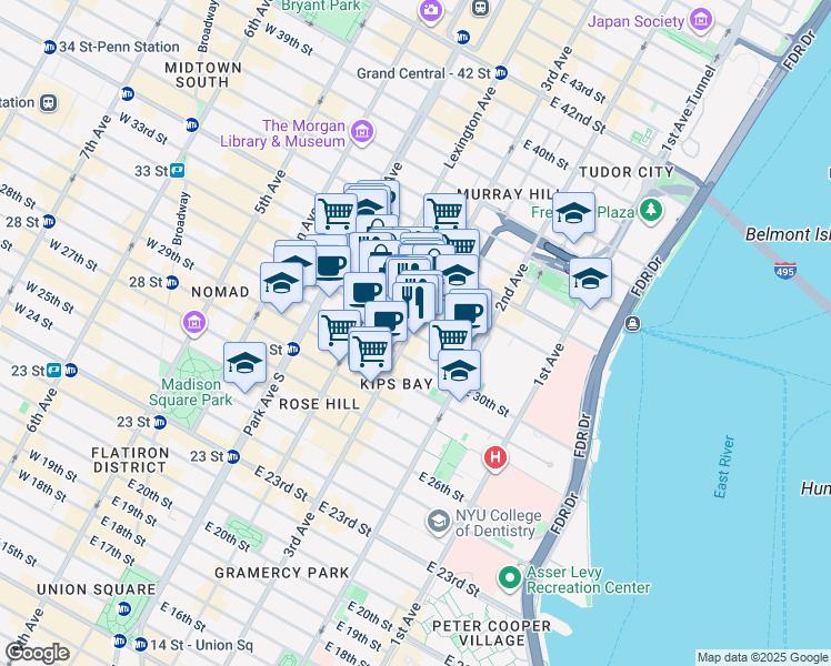 map of restaurants, bars, coffee shops, grocery stores, and more near 155 East 31st Street in New York