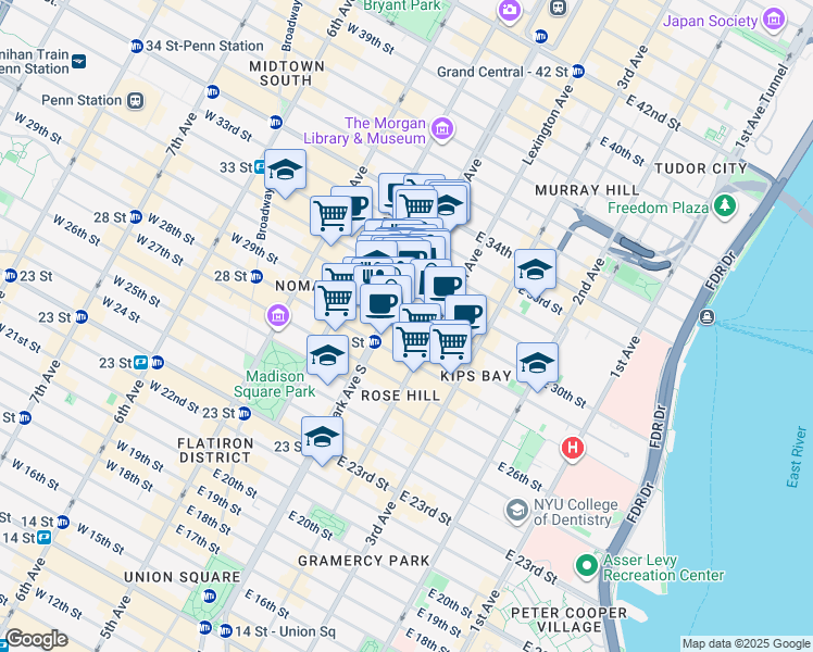 map of restaurants, bars, coffee shops, grocery stores, and more near in New York