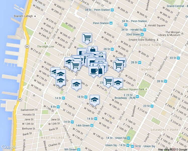 map of restaurants, bars, coffee shops, grocery stores, and more near 213 West 23rd Street in New York