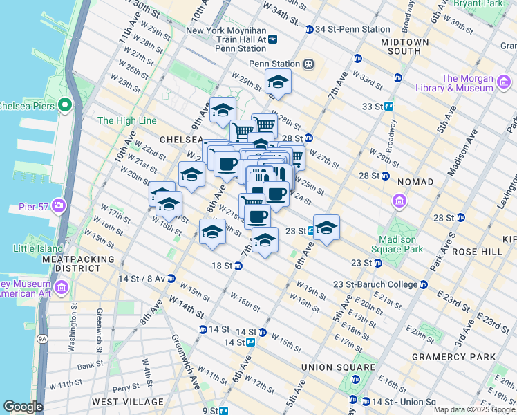 map of restaurants, bars, coffee shops, grocery stores, and more near 213 West 23rd Street in New York