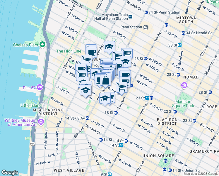 map of restaurants, bars, coffee shops, grocery stores, and more near 219 8th Avenue in New York