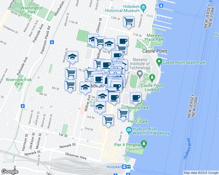 map of restaurants, bars, coffee shops, grocery stores, and more near 631 Bloomfield Street in Hoboken