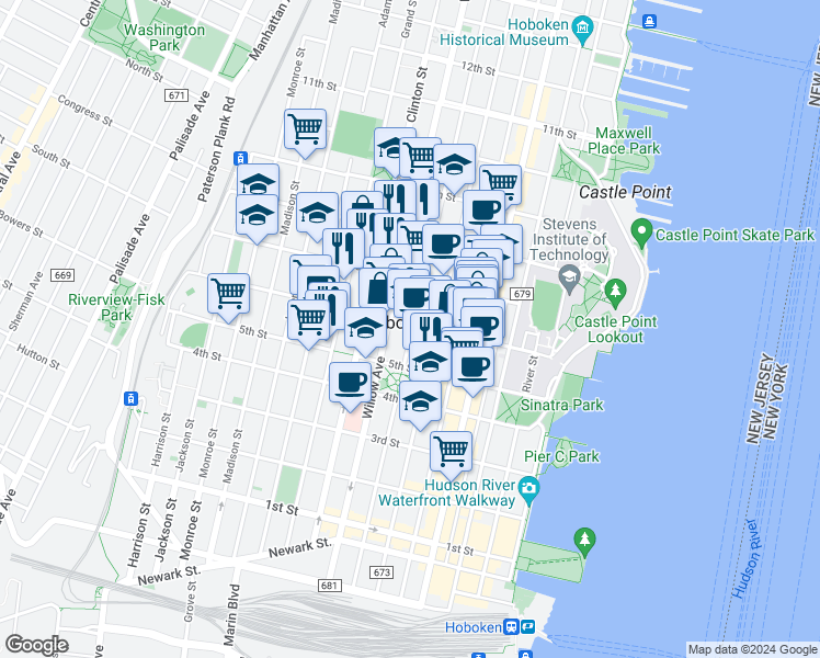 map of restaurants, bars, coffee shops, grocery stores, and more near in Hoboken