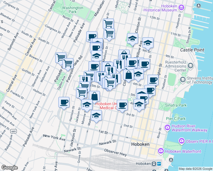 map of restaurants, bars, coffee shops, grocery stores, and more near 525 Madison Street in Hoboken