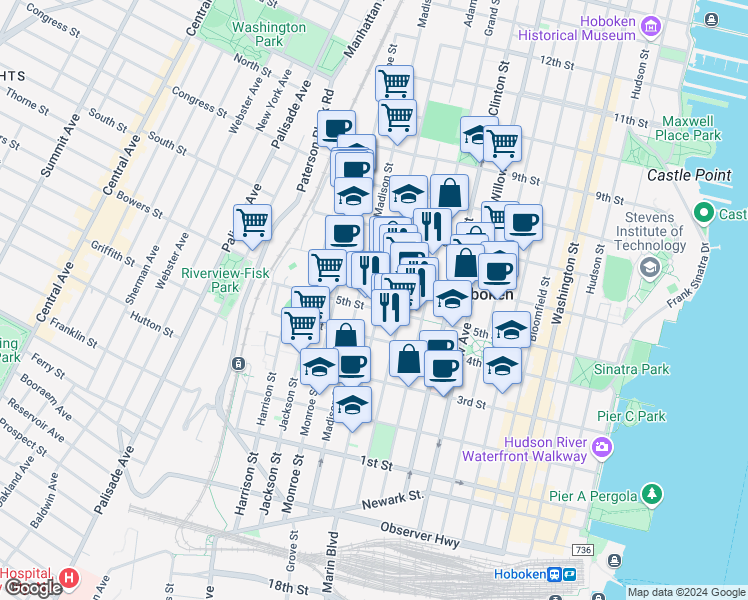 map of restaurants, bars, coffee shops, grocery stores, and more near 525 Madison Street in Hoboken