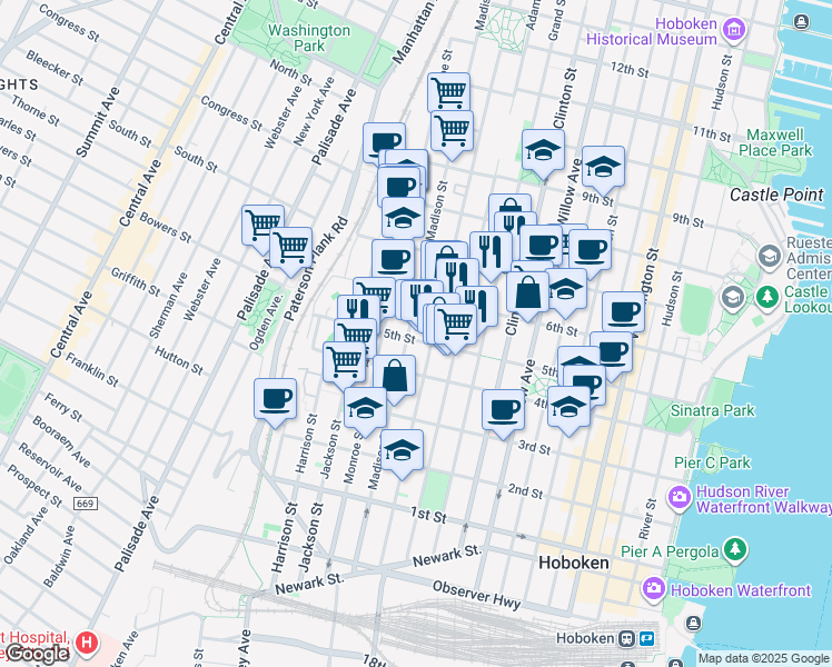 map of restaurants, bars, coffee shops, grocery stores, and more near 525 Madison Street in Hoboken