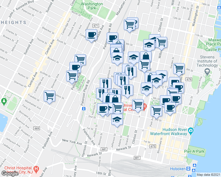 map of restaurants, bars, coffee shops, grocery stores, and more near 518 Monroe Street in Hoboken