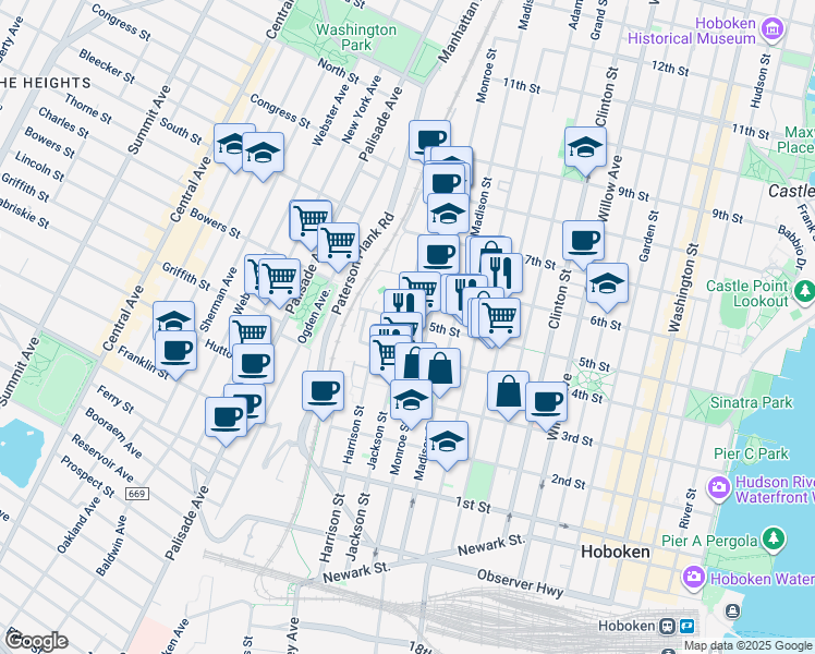 map of restaurants, bars, coffee shops, grocery stores, and more near 520 Jackson Street in Hoboken