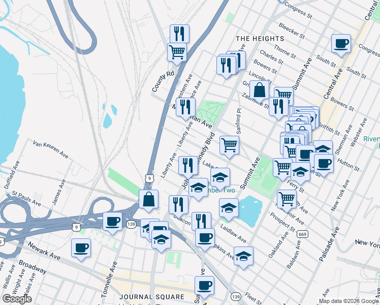 map of restaurants, bars, coffee shops, grocery stores, and more near 114 Carlton Avenue in Jersey City
