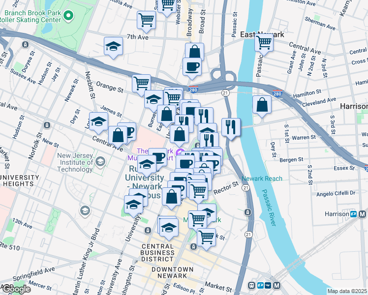 map of restaurants, bars, coffee shops, grocery stores, and more near 1 Washington Street in Newark