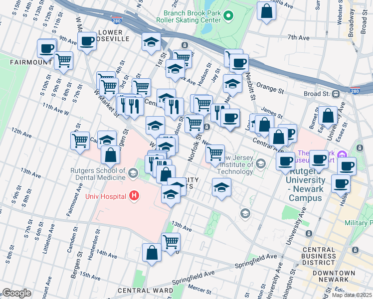 map of restaurants, bars, coffee shops, grocery stores, and more near in Newark