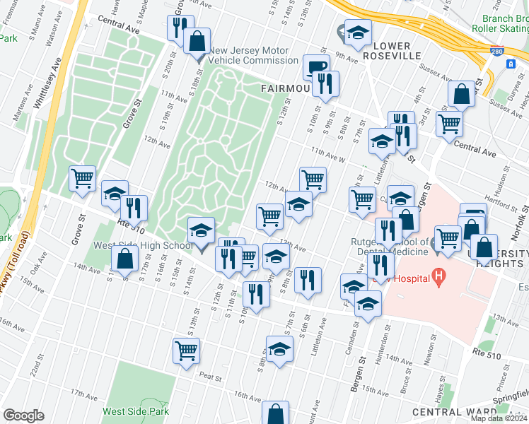 map of restaurants, bars, coffee shops, grocery stores, and more near 284 South 12th Street in Newark